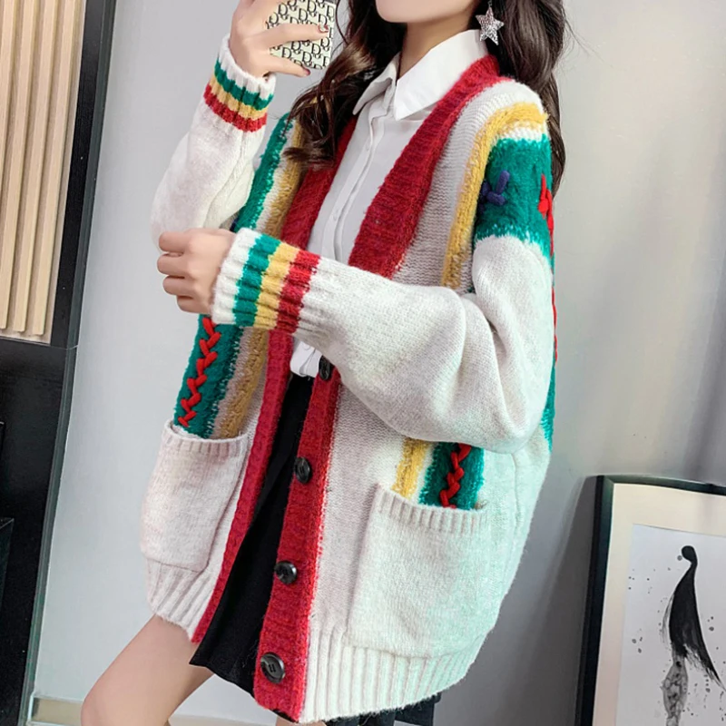 

Women\u2019s Button Down Loose Sweater,Autumn New Fashion Casual Long Sleeve V Neck Striped Color Block Cardigan Women Tops Coat