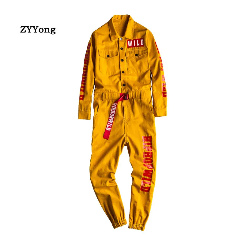 2021 Loose Overalls Men's Jumpsuit Cotton Letter Print Lapel Long Sleeve Tie Feet Casual Pants Hip Hop Workwear Yellow Trousers