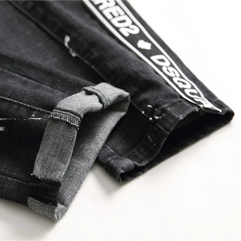

European Italy Men dsq Brand Jeans Black Jeans Men Slim Jeans Patchwork Letter Moto & Biker Jeans Pants Black Hole Jeans for Men