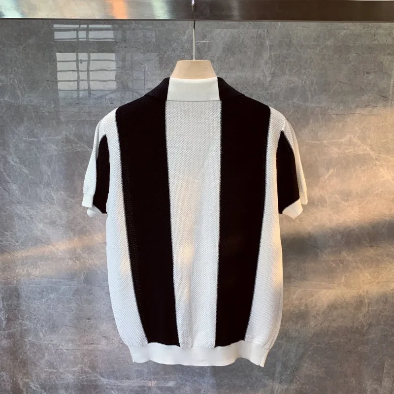 

Summer Knitting Mens Short Sleeve T-Shirt Striped Single Breasted Casual Turn-Down Collar Tops Fashion Loose Fit Men Clothing