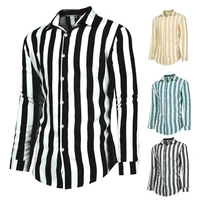 fashion turndown collar vertical stripes loose button long sleeve men shirt top