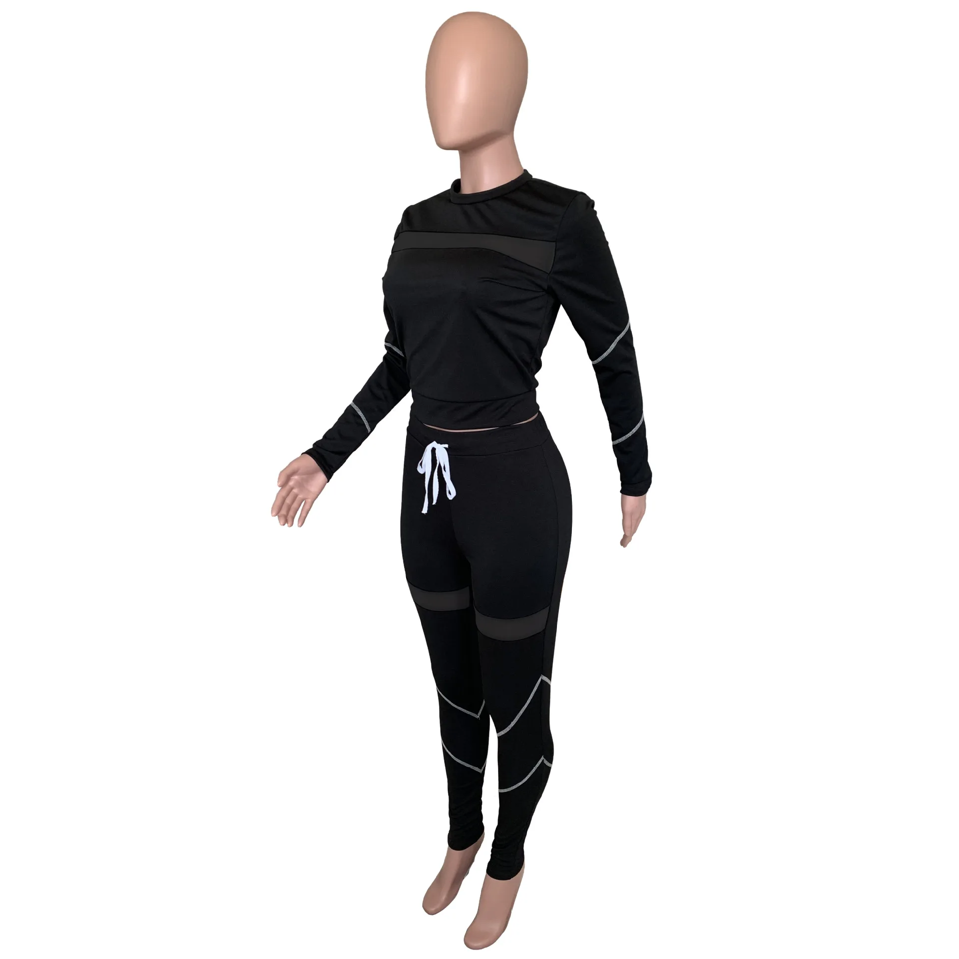 

2020 Autumn Winter Women Set O-Neck Full Sleeve Crop Top Long Pants Suits Mesh Two Piece Set Sporty Outfits Tracksuits