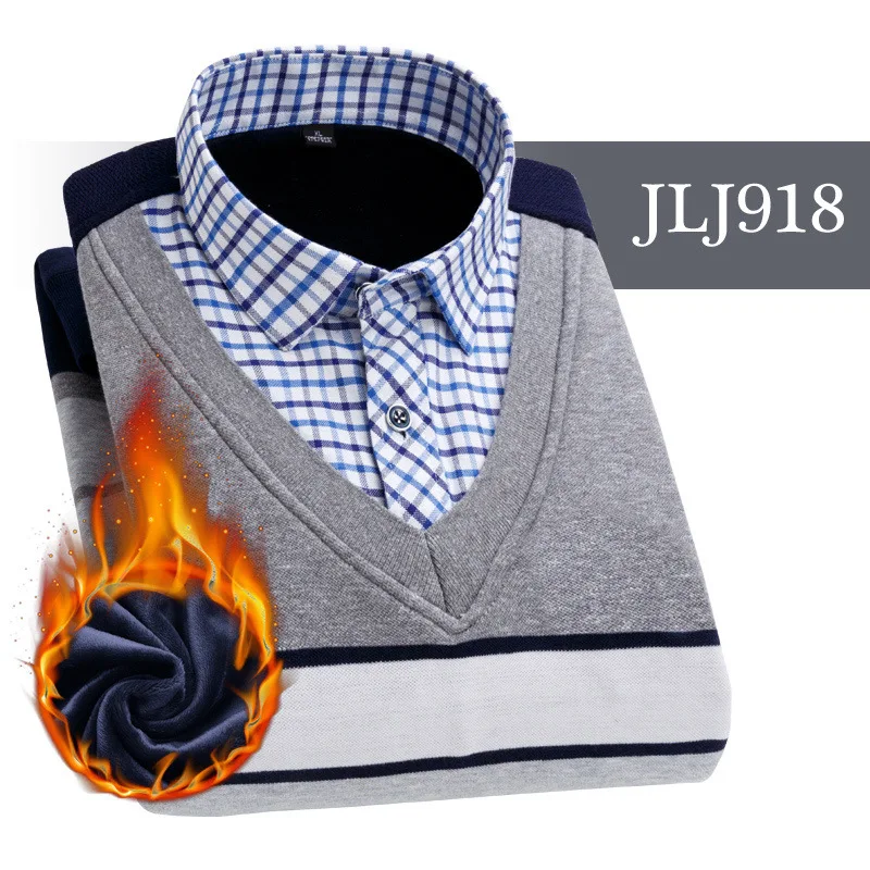 JLJ918 Мужская одежда, рубашки с вышивкой, в полоску, макет, из двух частей, платье, рубашка, имитация двойки, длинный рукав, толстый бархат, свитер, рубашки - Цвет: JLJ918