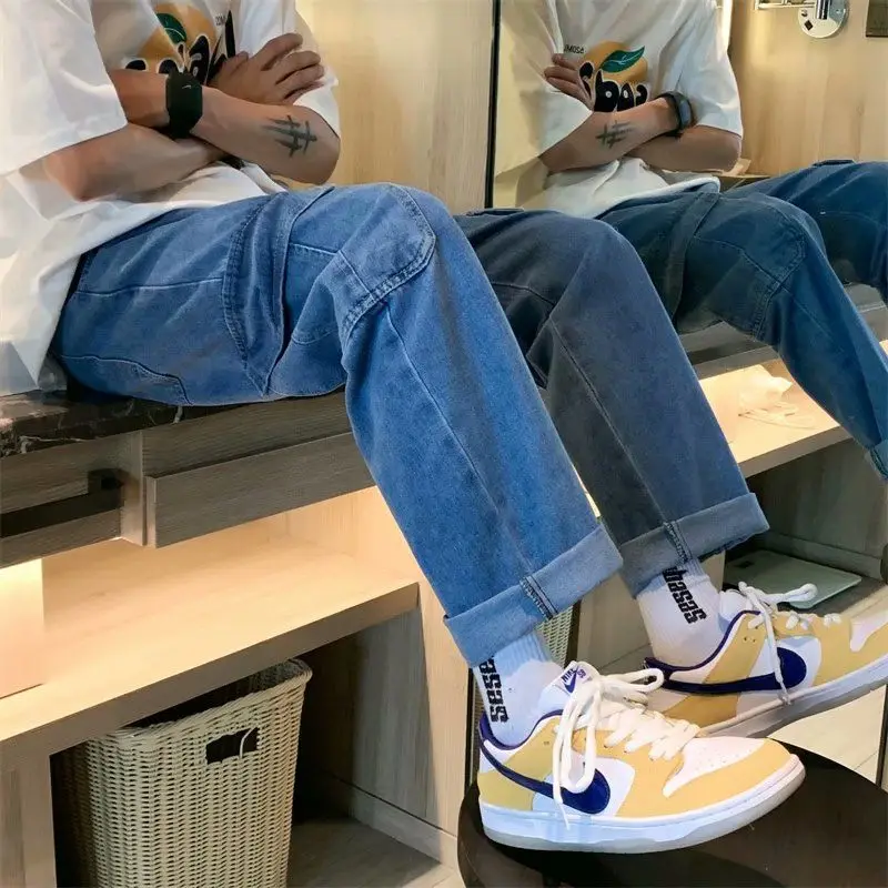 

Blue Wide-leg Jeans Men's Fashion Harajuku Pocket Jeans Men Streetwear Loose Hip-hop Straight-leg Denim Trousers Mens S-2XL