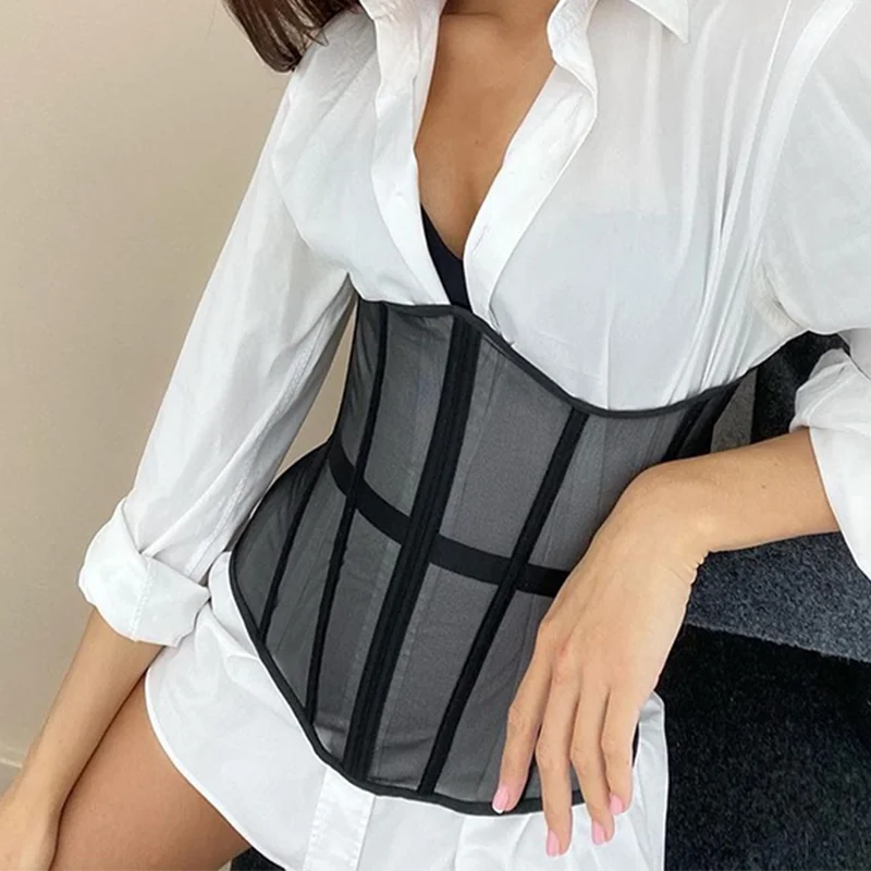 

Helisopus Women Waist Trainer Cincher Girdles Sexy Black Mesh Corset Goth Vintage Slim Body Belts Streetwear See Through Corset