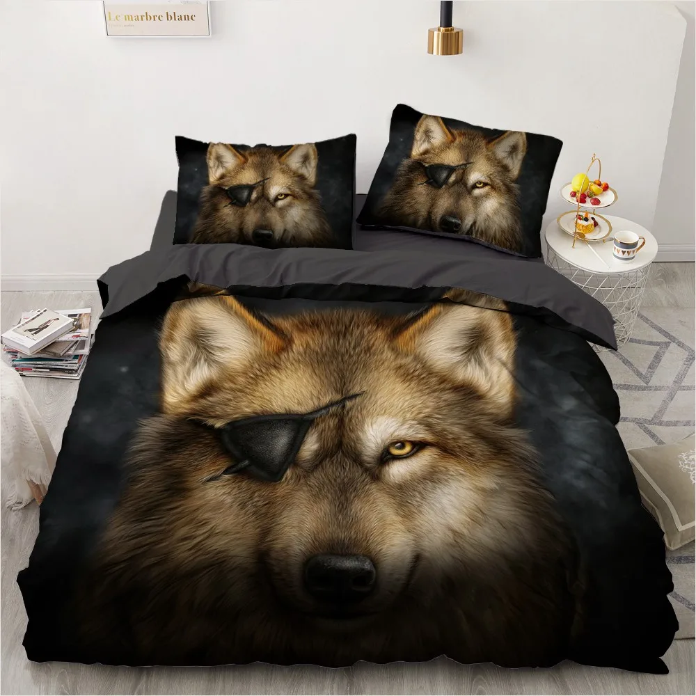 

3D Custom Design White Quilt Cover Sets Animal Bed Pillow Slips 200*230cm King Full Twin Double Size Wolf Home Textile