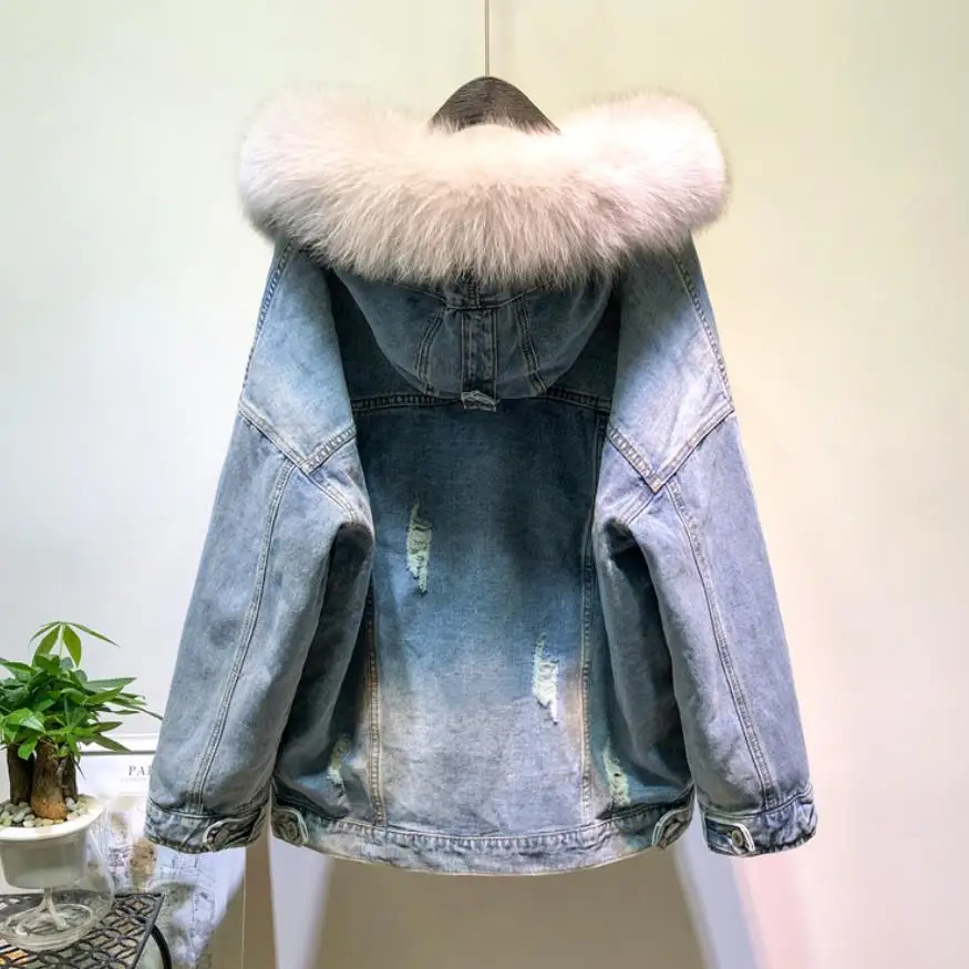 Женская джинсовая куртка с капюшоном теплая верхняя одежда из натурального