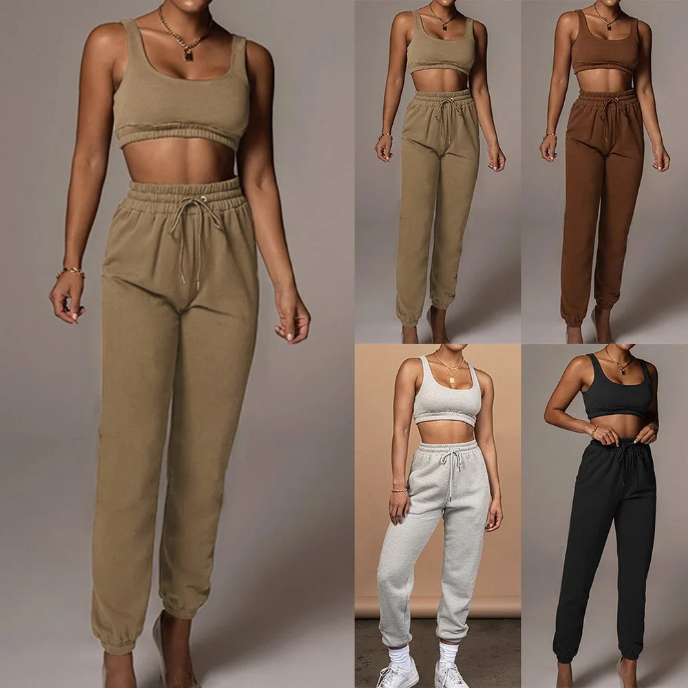 

Women Sports Casual Set 2 Piece Sweatshirt Crop Tops Pocket Sweatpants Baggy Pants Tracksuit Streetwear Joggers Summer Outfits