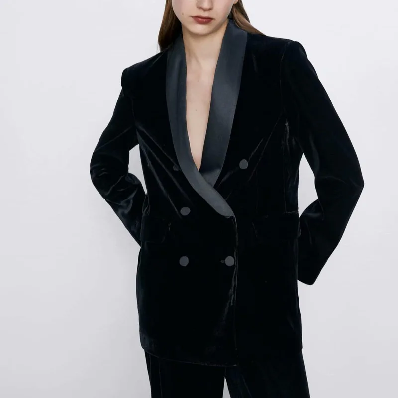 High-end Custom Velvet Black Satin Star Suit Autumn New Black Women Jackets Coat Notched Fashion Clothing Solid Button Full