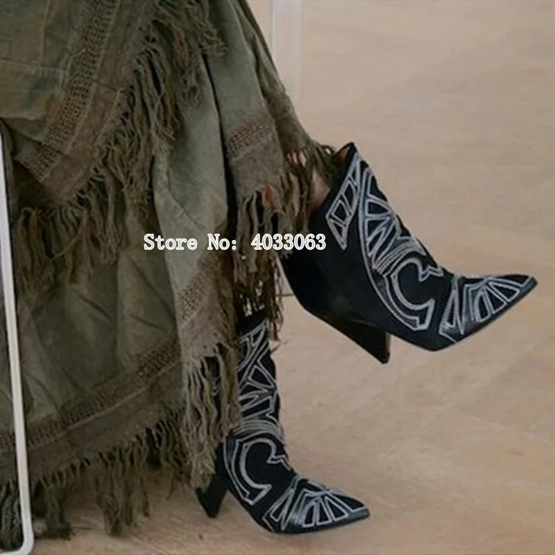 Botas Mujer/женские ботильоны; коллекция года; лоскутный с вышивкой; ковбойские ботинки; женская обувь на шпильках; женские короткие туфли без застежки с острым носком