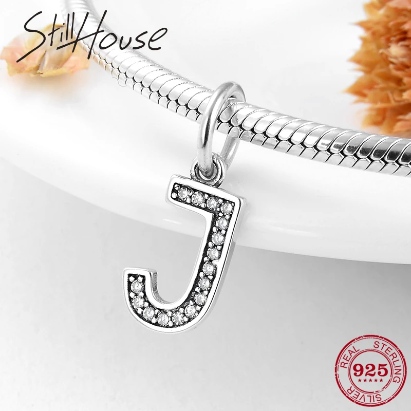 Real 925 Sterling Silver Alphabet Letter J Crystal Charm Bead Fit Original European Bracelet Necklace Authentic Jewelry Making | Украшения