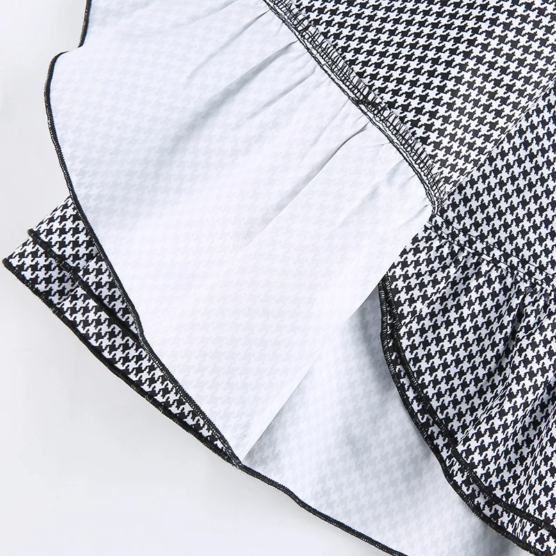 

SWEETKAMA Fashion Houndstooth Mini Skirt Women High Waist Vintage Ruffles Lace Asymmetric A-Line Harajuku Ladies