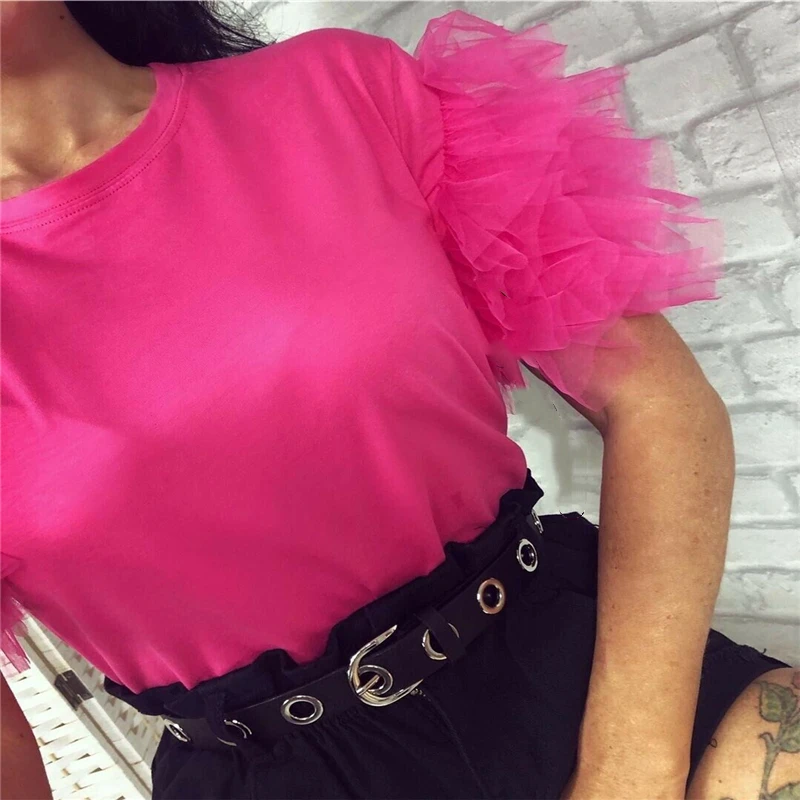 Fashion New Ladies Frill Tulle Tiers Mesh Sleeve Summer Cotton T-Shirt Top Novelty T shirt Robe Femme | Женская одежда