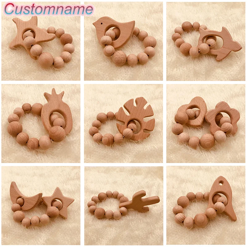 

Baby Pacifier Chain Holder Animal Log Animal Wooden Animal Clip Beech Silicone Bead Bracelets Teething Wood Rattles Nursing Toy