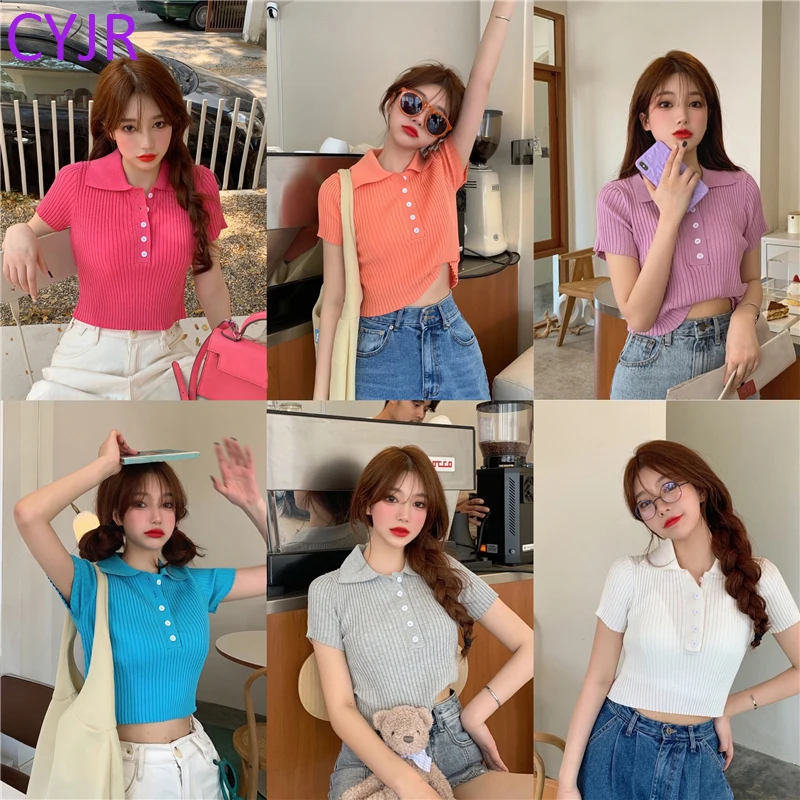 

Stretchy Short Sleeve Top Women 2021 Summer Female Polo Shirt Knitted Candy Color Tees Plain Button Up Vintage Clothes