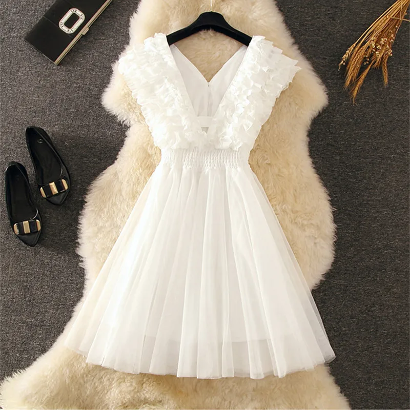 Preppy Style 2020 Summer White Lace Dress Sleeveless V-neck Chiffon Bodycon A-line Formal Party Vestidos | Женская одежда