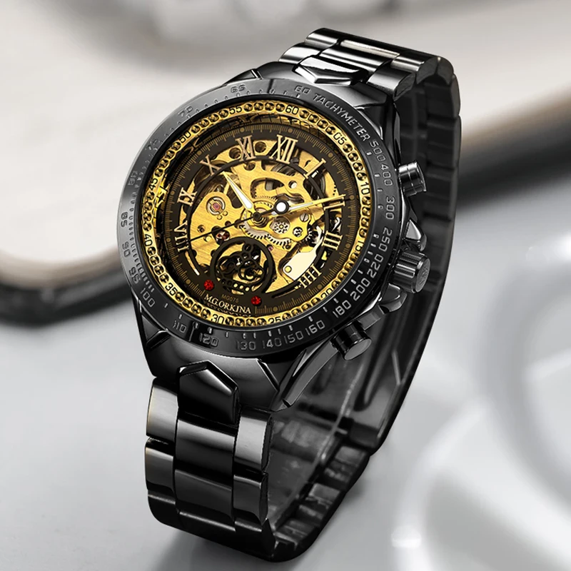 Золотые черные мужские часы Скелет дизайн металлический ремешок бизнес стильные