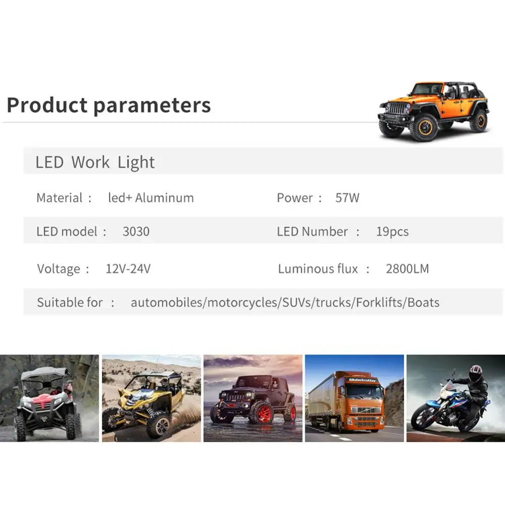 2 шт. 57W 12V 19LED рабочий светильник бар автомобилей SUV внедорожный противотуманный