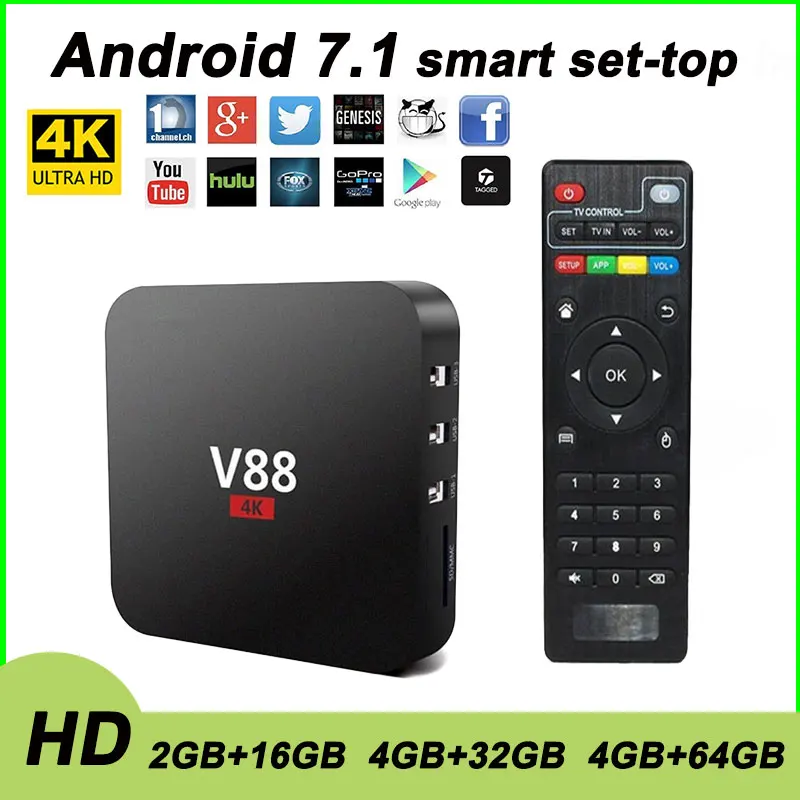

V88 Android 7.1 Smart TV Box 8GB 16GB 4K H.265 Media Player 3D 2.4G 5GHz Wifi Youtube HDR High Qualty Set Top Box Home Theater