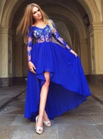 high low royal blue lace prom dresses with full sleeve sexy v neck see through semi formal party dress short front long back