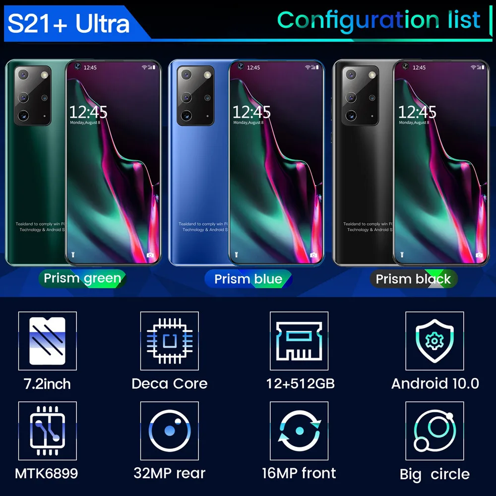 

Telephone Galay S21 Smart phone 7.2" Unlock Global Version 4G5G Android10 16MP 32MP 5800mAh Battery 12GB 512GB Mobile Phones