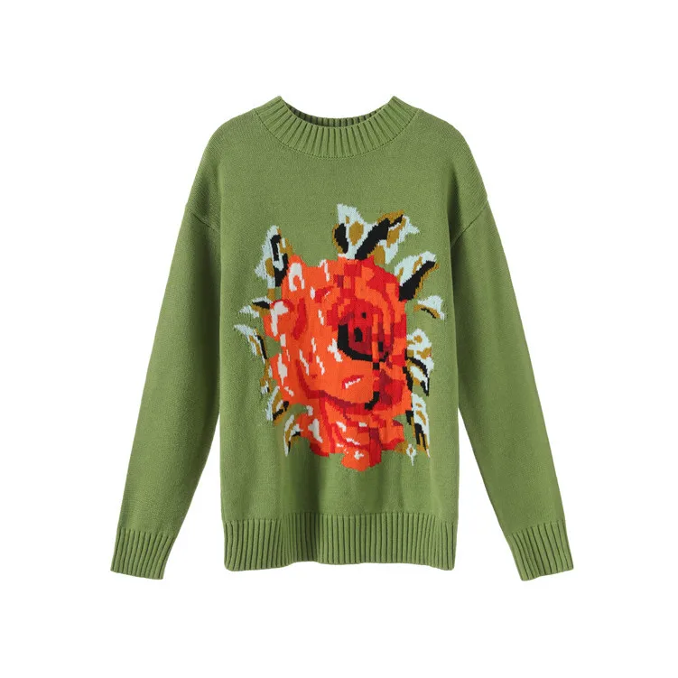 Женский свитер оверсайз Осенний жаккардовый свободный джемпер с цветочным