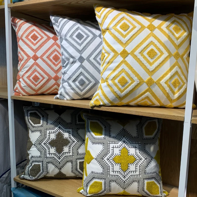 

New Geometric Embroidery Cushion Cover Yellow Pink Gray Canvas Square Cotton Pillowcase 45x45cm Home Decoration Throw Pillows