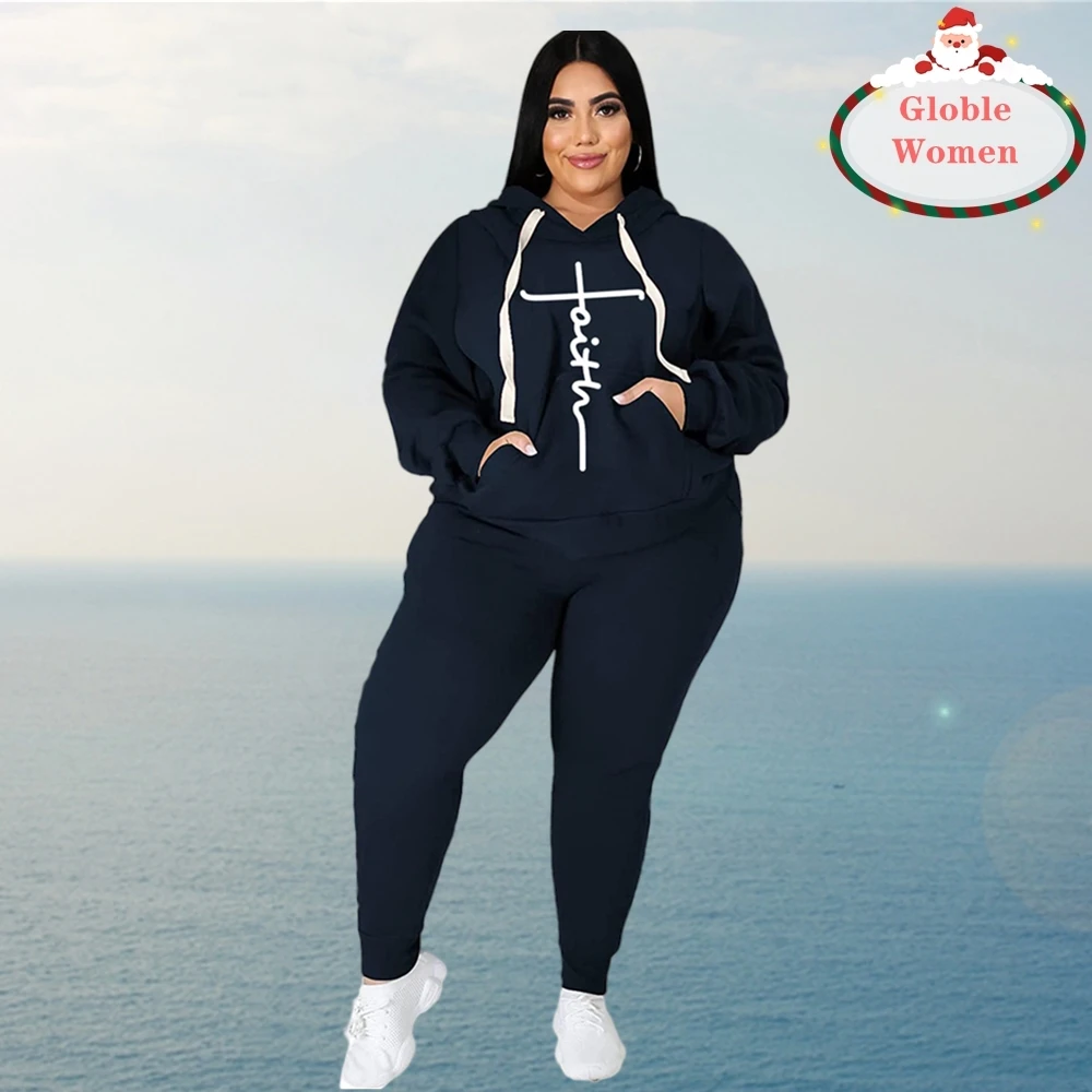 

Globle Plus Size Women Clothing 5XL Hooded Pocket Two Piece Set Elastic Pants Sets Print Woman Tracksuits Wholesale Dropshipping
