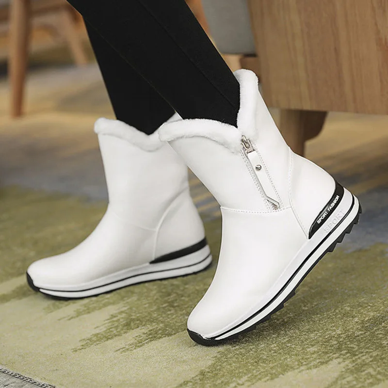 

Plush Winter Woman White Boots With Fur Autumn Women's Shoes Mid-Calf Leather Snow Boots Waterproof High Shoes