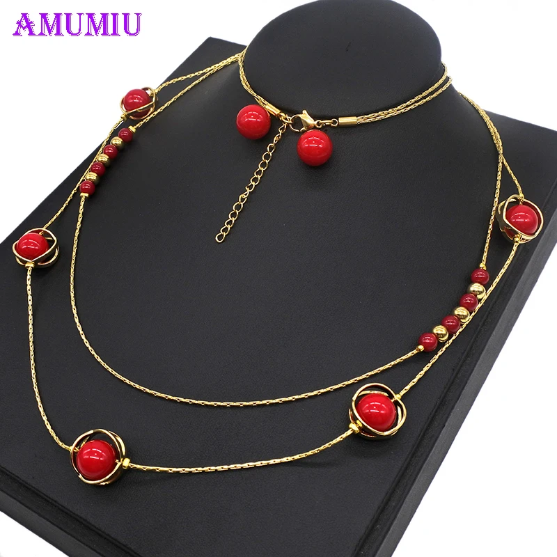 AMUMIU Ювелирные наборы невесты Жемчуг Кристалл Длинная ключица цепочка на шею