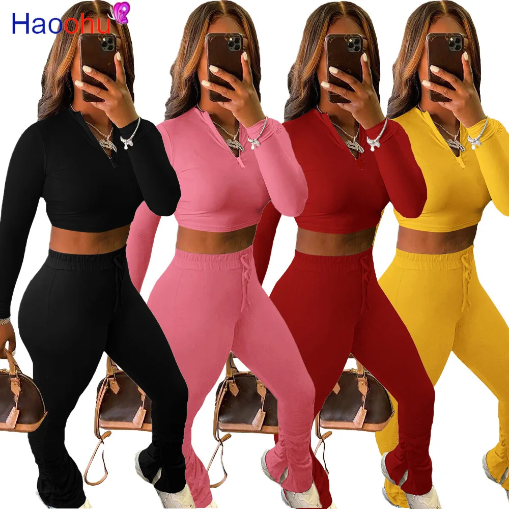 

HAOOHU Sportwear Solid Classic Women's Set Long Sleeve Zipper Top Slit Flare Pant Set Tracksuit Fitness Two Piece Outfits Set