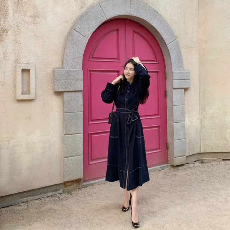 

NIJIUDING Women's Shirt Dress Vintage Long Sleeve 2020 Autumn Loose Lace Up Single-breasted Stand Collar Dres Vestidos Thin Coat