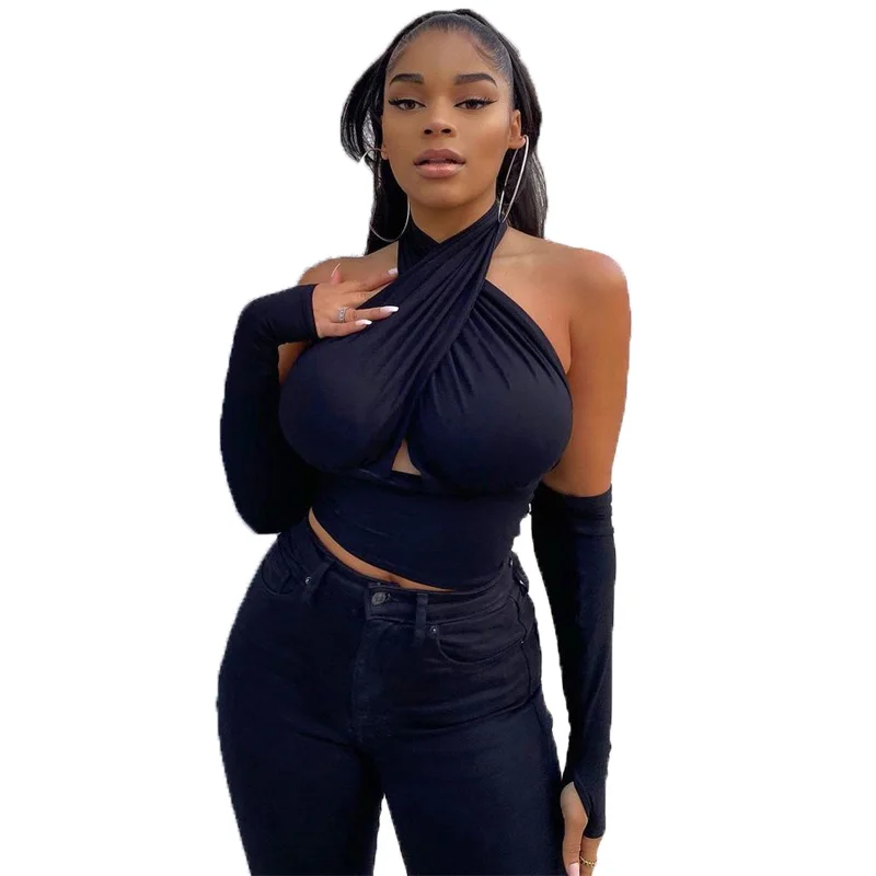

Women's Sleeveless T-shirt Top 2021 Summer Fashion New Sexy Cross Halter Bandage Hollow Backless Navel Slim Top Female Trend