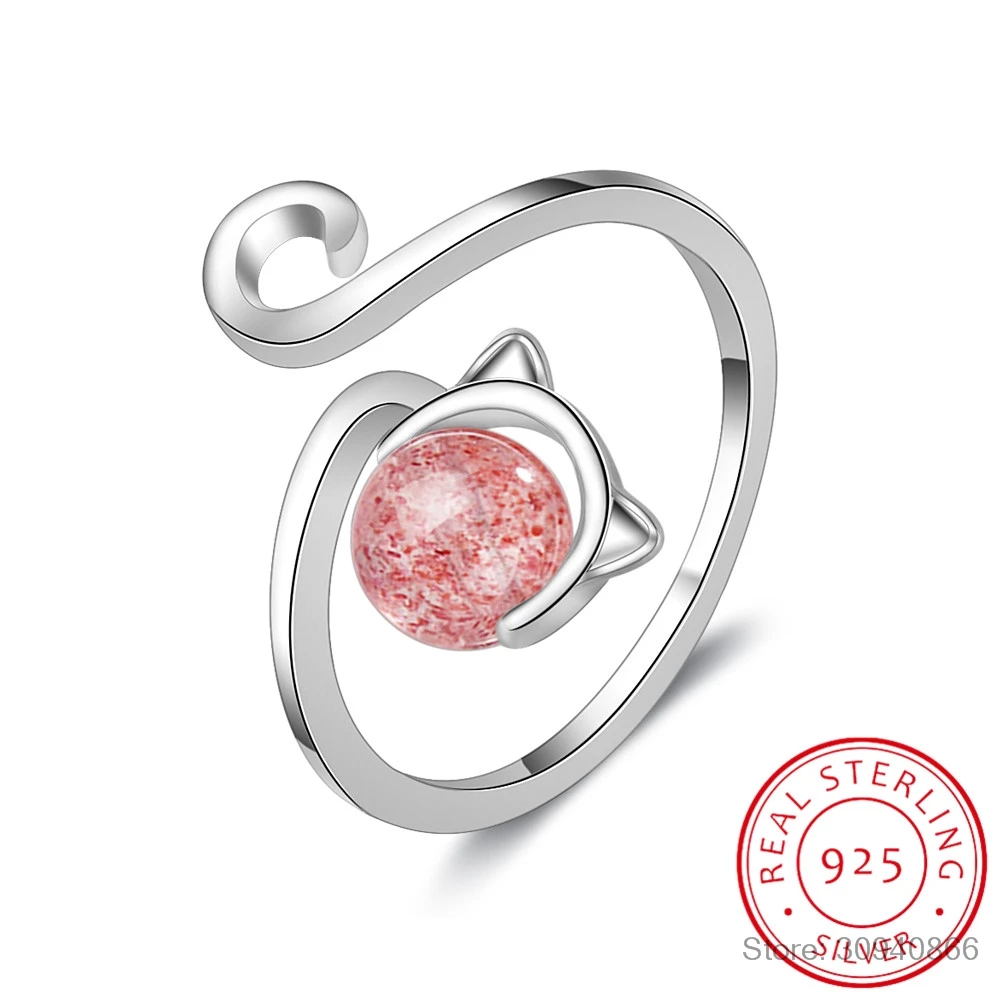 

100% 925 Solid Real Sterling Silver Fashion Cat Strawberry Crystal Opening Ring Sizable For Teen Girl Kid Xmas Gift DS977