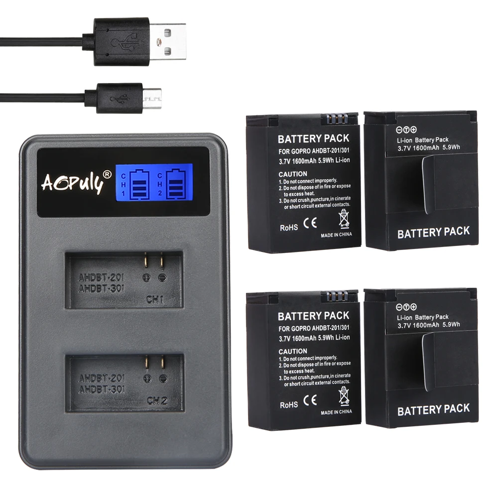 Original aopuly For GoPro Hero3 Hero3+ hero 3 3+ battery +LCD dual charger for go pro AHDBT-301 action camera accessory | Электроника