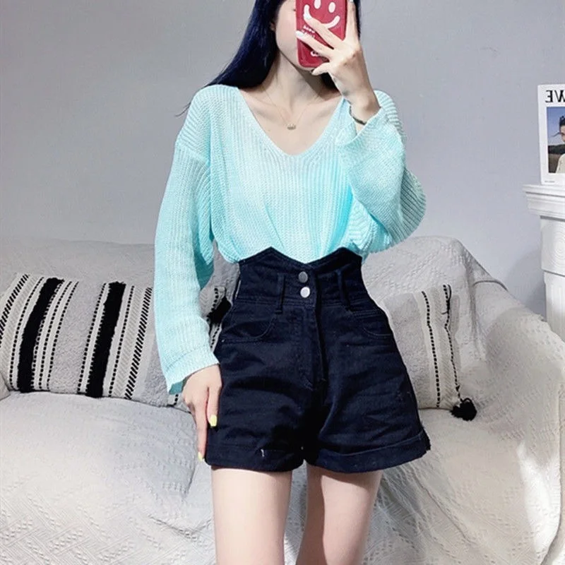 

Fashion Women Clothing Spring Autumn Sweaters Hollow Out Sexy V Neck Long Sleeve Solid Color Casual Loose Knitted Top Y92
