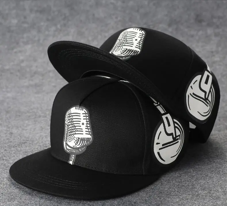 

[ PANGKB] Unisex Fashion Cotton Snapback Cap microphone logo Mens Flat Brim Baseball Cap Hip Hop dance Hats Cap Brand