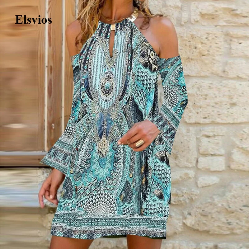 

2020 Fashion Casual Print Women Loose Dress Summer V-Neck Beach Mini Dress Retro Autumn Batwing Long Sleeve Party Dress Vestidos
