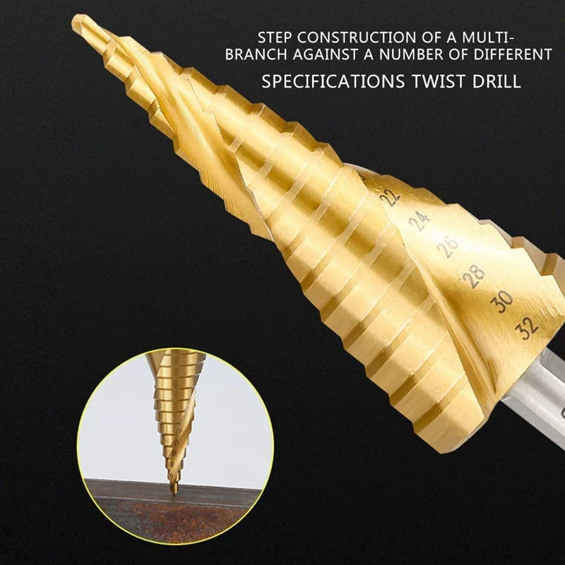 

WSFS Hot 4Pcs Spiral Grooved Step Drill Bit Set High Speed Steel Hole Cutter for Wood Metal Stainless Steel with Center Punch