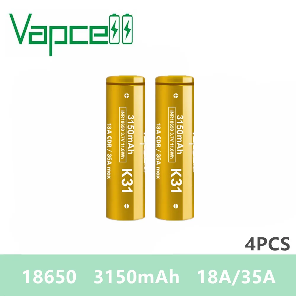 4 шт. Vapcell K31 18650 аккумулятор 3150 мАч 18A/35A перезаряжаемые батареи 3 7 в литий ионный