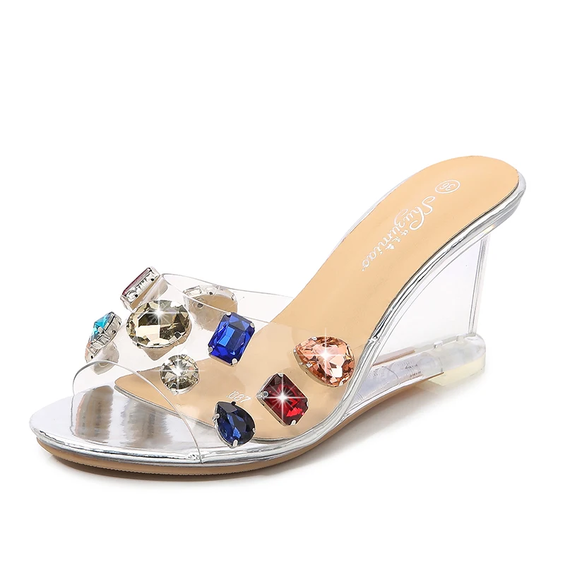 Sexy Rhinestone Clear Crystal Slides Stripper 6 CM 8 CM Wedges Heels Women's Shoes Nightclub Model Show Slippers Summer 2021 New