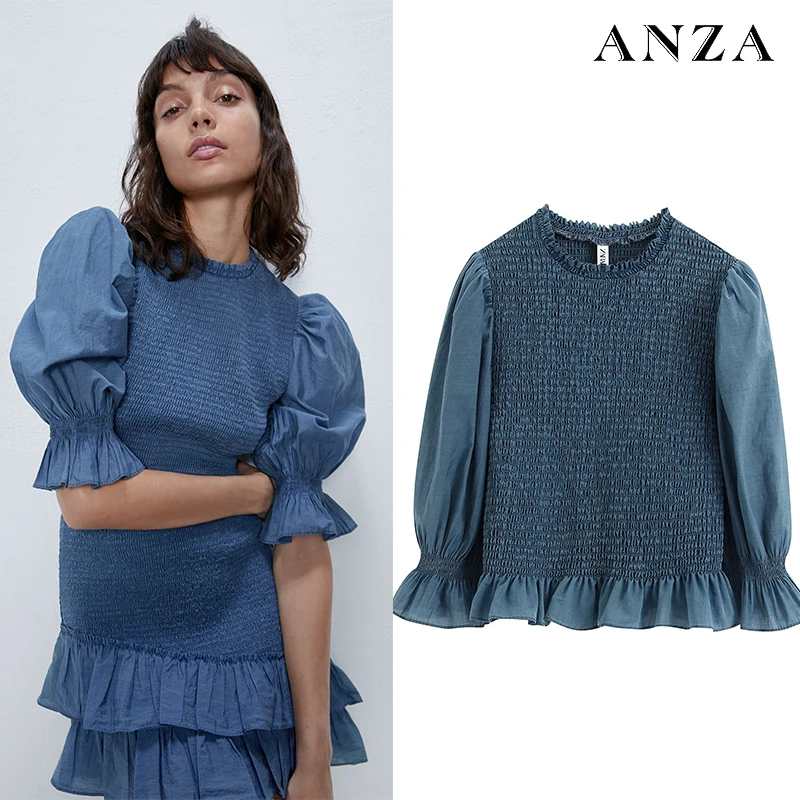 ZA Женская рубашка с длинными рукавами О образным вырезом короткий рукав отделка