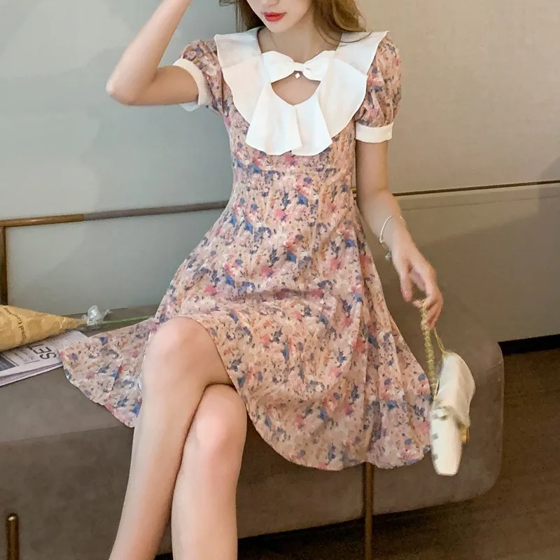 

Summer Fashion Floral Dress Women Puff Sleeve Korean Style A-Line Print Dresses Ladies Fashion Patchwork Clothing Lady