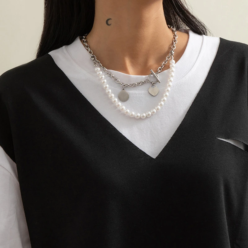 POTCET Unisex Stainless Steel Pearl Letter Heart Shaped Titanium Steel Necklace Pendant Geometric Fashion Hip Hop Party Jewelry