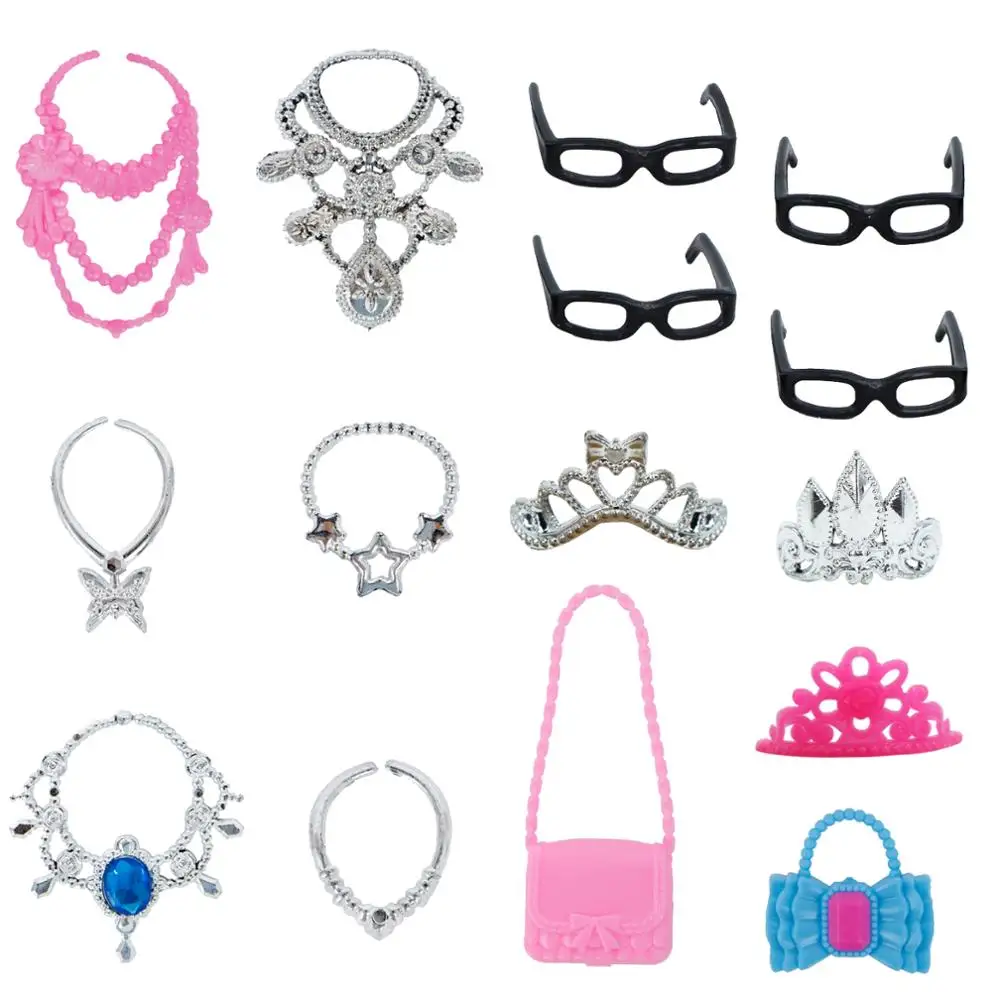 

35 Item/Set Doll Accessories=10x Doll Clothes Dress +4x Glasses +6x Plastic Necklace +2x Handbag +3x Crown +10x Shoes for Barbie