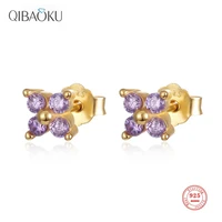real 925 sterling silver stud earrings purple four zircon gold earrings exquisite fashion ear jewelry gift for women