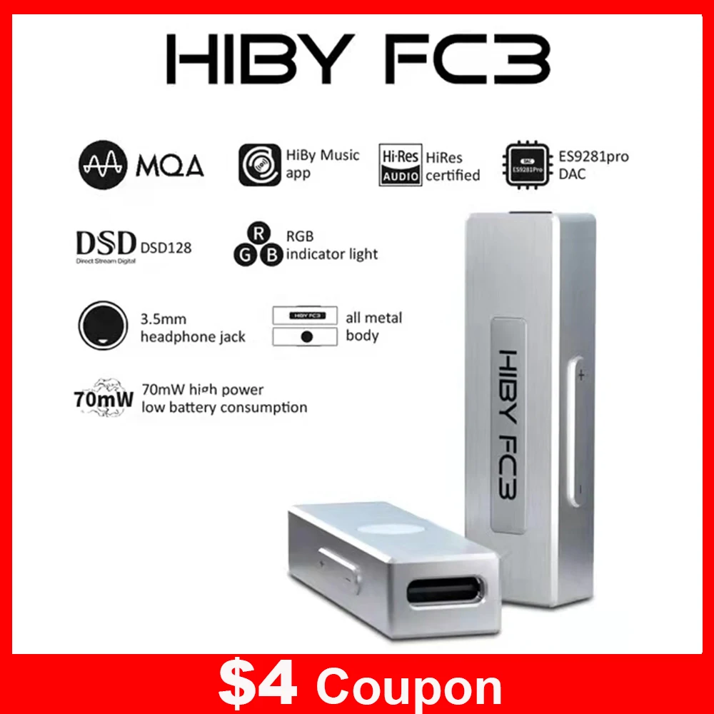 

HiBy FC3 USB DAC Decoding Audio Portable Headphone Amplifie DSD128 3.5mm Output MQA authenticated For Android iOS Mac Windows10