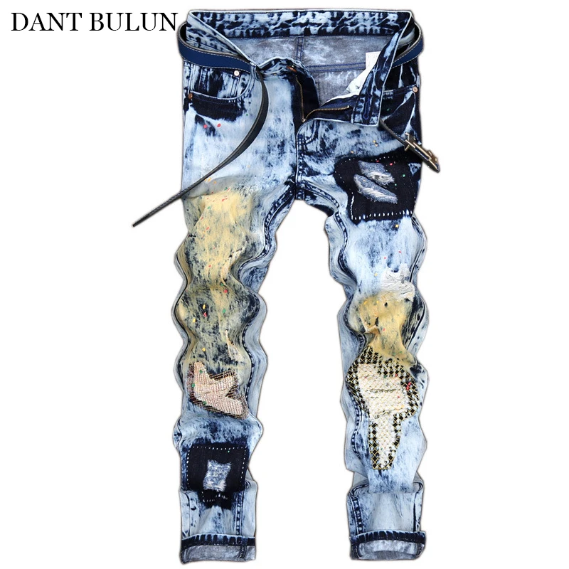 Men's Ripped Distressed Jeans Casual Denim Pants Male Fashion Slim Fit Colored Embroidery Patches Hip Hop Streetwear Jeans Homme