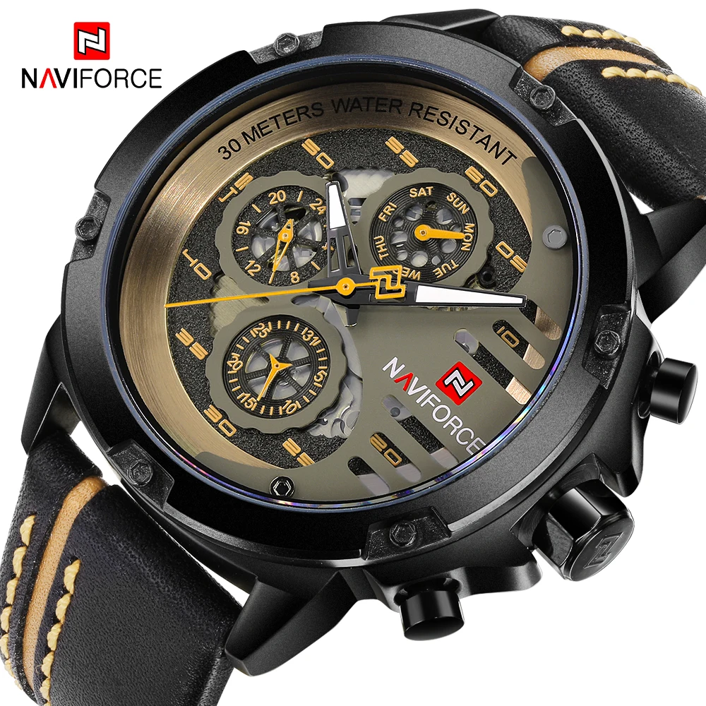NAVIFORCE мужские часы из натуральной кожи, спортивные наручные часы для мужчин, лучший бренд класса люкс, водонепроницаемые, 24 часа, дата, кварцевые часы, reloj hombre