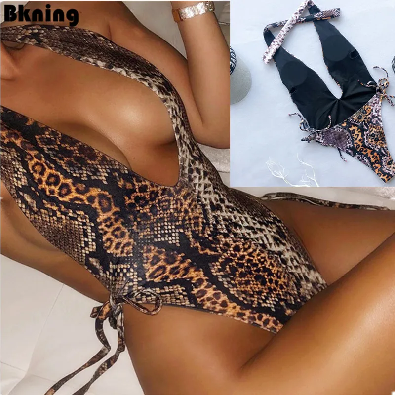 snake swimsiut Bkning, змеиный принт, купальник, женский, сдельный, купальный костюм, Леопардовый, с поясом, стринги, трикини,, с подкладкой, на ремнях, для плавания - Цвет: snake swimsiut